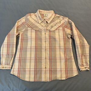 Cabelas Shirt Womens XL Beige Plaid Long Sleeve Western Floral Embroidered